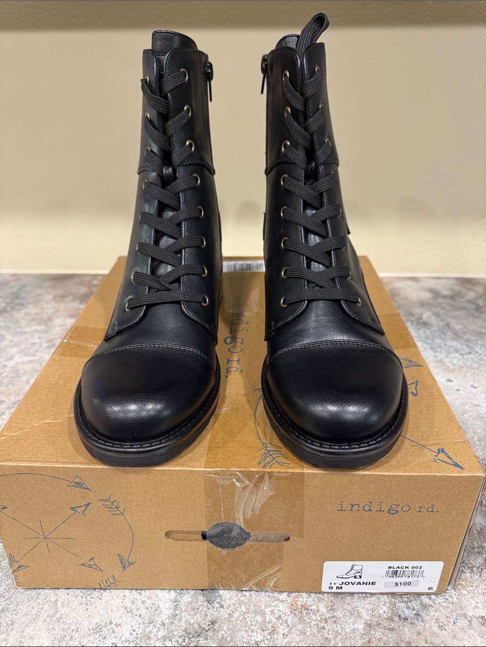 Indigo Black Lace-Up Combat Boots with Side Zip